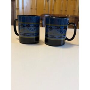 Vintage Arcopal France Black Glass Mugs Southwestern Tribal Blue Green Set of 2